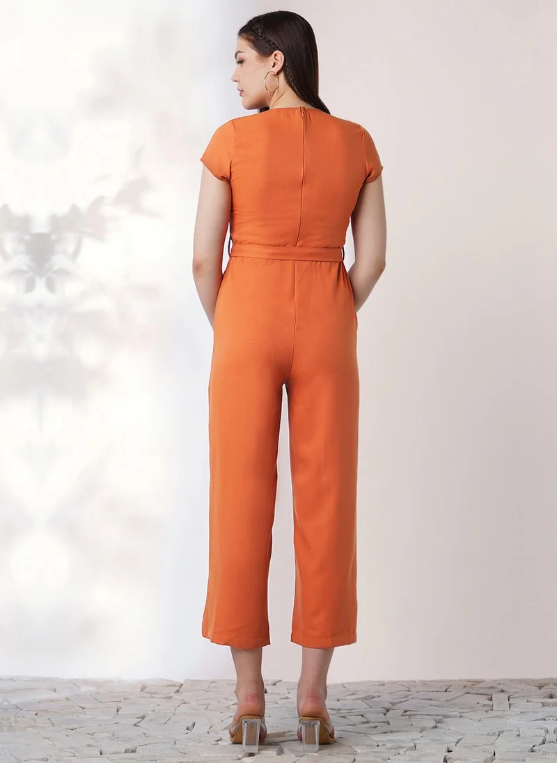 globus Globus Women Rust Wrap V-Neck Short Sleeves Belted Long Jumpsuit